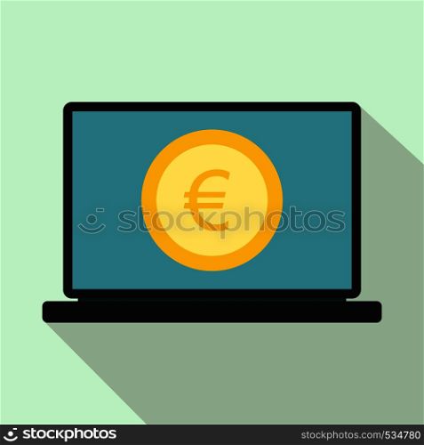 Laptop screen with the euro sign icon in flat style on a light blue background. Laptop screen with the euro sign icon, flat style
