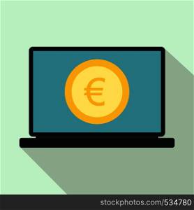 Laptop screen with the euro sign icon in flat style on a light blue background. Laptop screen with the euro sign icon, flat style
