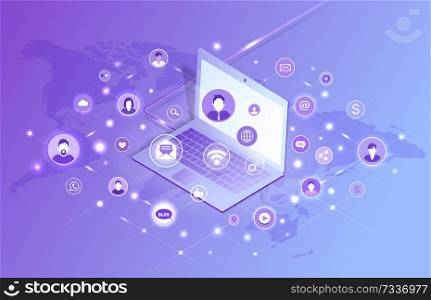 Laptop social network violet poster blog and icons around notebook map of world profiles of people vector illustration isolated on purple background. Laptop Social Network Violet Vector Illustration