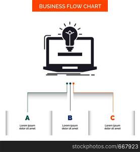 laptop, solution, idea, bulb, solution Business Flow Chart Design with 3 Steps. Glyph Icon For Presentation Background Template Place for text.. Vector EPS10 Abstract Template background