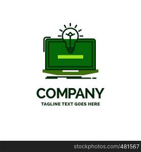 laptop, solution, idea, bulb, solution Flat Business Logo template. Creative Green Brand Name Design.
