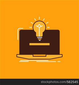 laptop, solution, idea, bulb, solution Flat Line Filled Icon. Beautiful Logo button over yellow background for UI and UX, website or mobile application. Vector EPS10 Abstract Template background