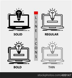 laptop, solution, idea, bulb, solution Icon in Thin, Regular, Bold Line and Glyph Style. Vector illustration. Vector EPS10 Abstract Template background