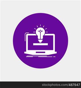laptop, solution, idea, bulb, solution White Glyph Icon in Circle. Vector Button illustration. Vector EPS10 Abstract Template background