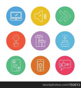 laptop , speaker ,forword , flower pot ,gift items , cake , profile , cv,  navigations , like ,icon, vector, design,  flat,  collection, style, creative,  icons
