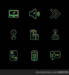 laptop , speaker ,forword , flower pot ,gift items , cake , profile , cv, navigations , like ,icon, vector, design, flat, collection, style, creative, icons