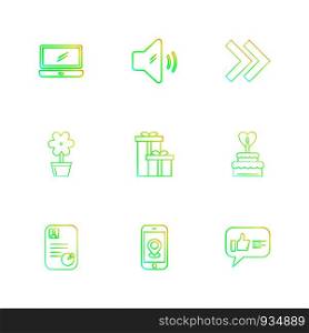 laptop , speaker ,forword , flower pot ,gift items , cake , profile , cv, navigations , like ,icon, vector, design, flat, collection, style, creative, icons