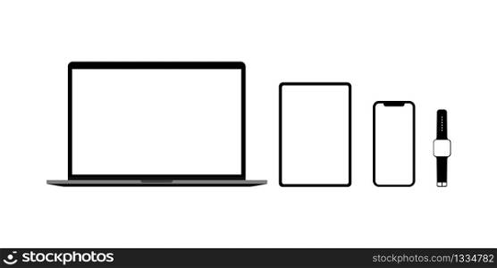 Laptop tablet smartphone and smart watch a set of empty monitors in black. New devices. Vector illustration EPS 10