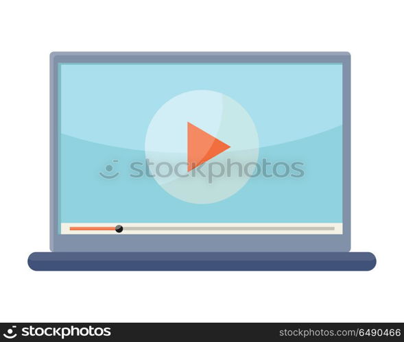 Laptop Vector Illustration in Flat Design.. Laptop vector illustration. Flat design. Notebook with video player on screen. Watching online video. Picture for writing, coding concept, app icon, logo design. Isolated on white background.