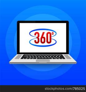 Laptop with 360 degrees angle icon sign on the screen and cursor hand pointer. Symbol of 360 degrees VR videos. Vector stock illustration.