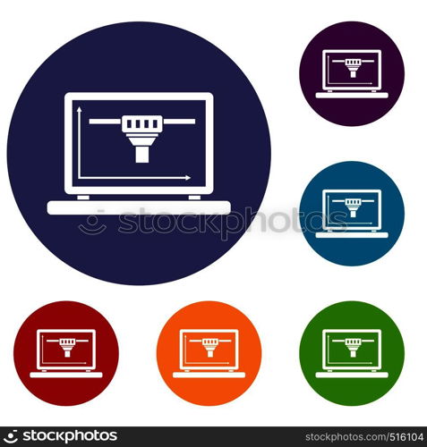 Laptop with 3D design icons set in flat circle red, blue and green color for web. Laptop with 3D design icons set