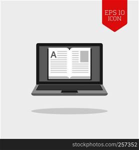 Laptop with a book on screen icon, online library, education concept. Flat design gray color symbol. Modern UI web navigation, sign. Illustration element