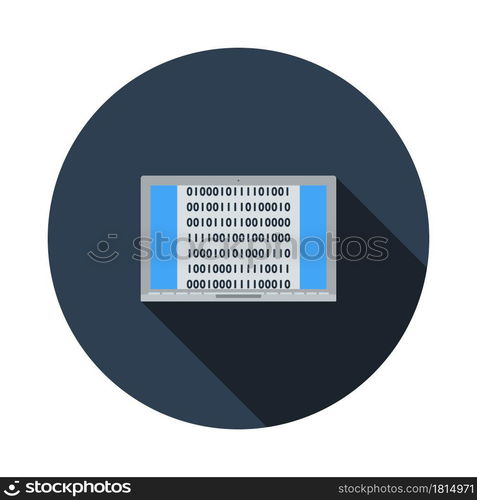 Laptop With Binary Code Icon. Flat Circle Stencil Design With Long Shadow. Vector Illustration.