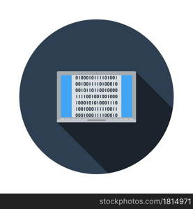 Laptop With Binary Code Icon. Flat Circle Stencil Design With Long Shadow. Vector Illustration.