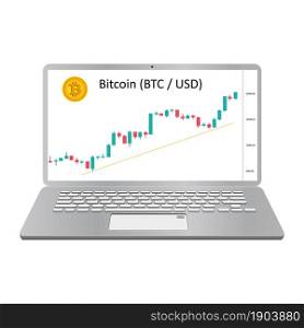 Laptop with bitcoin price chart on the screen isolated on white. A computer with a system for trading cryptocurrency. Front view. Vector EPS10.