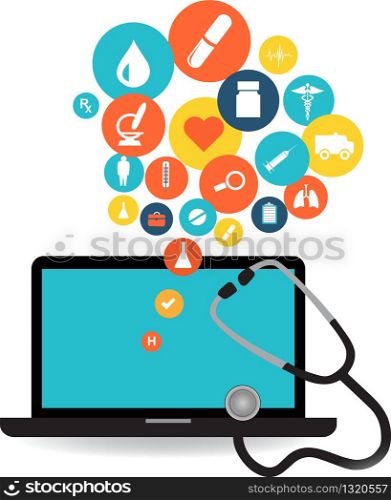 Laptop with Blue screen with colorful medical application icons. Health medical icons collection
