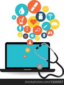Laptop with Blue screen with colorful medical application icons. Health medical icons collection