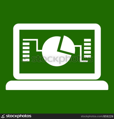 Laptop with business graph icon white isolated on green background. Vector illustration. Laptop with business graph icon green