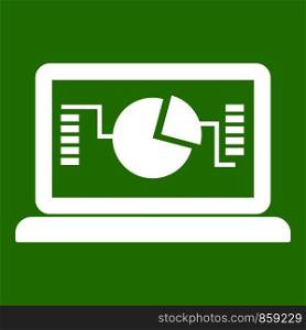 Laptop with business graph icon white isolated on green background. Vector illustration. Laptop with business graph icon green