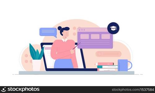 Laptop with cartoon female teacher pointing on banner infographic website vector flat illustration. Colorful woman broadcasting lesson isolated on white background. Concept of online class education. Laptop with cartoon female teacher pointing on banner infographic website vector flat illustration
