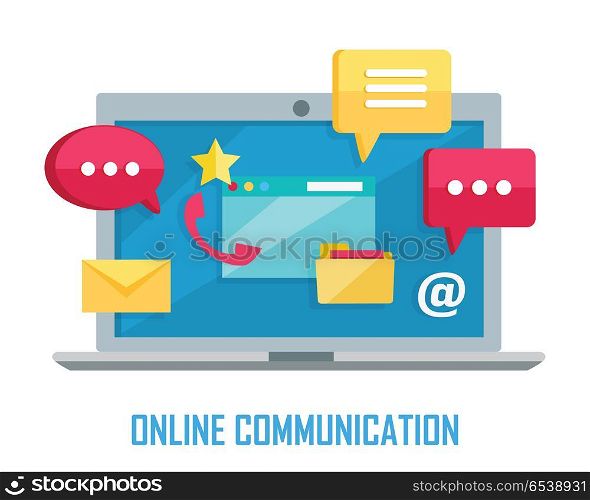 Laptop with Chat Web Conversation Signs Isolated. Online communication. Laptop with chat web conversation signs isolated on white. Interface dialog, talk button, application speech balloon, message, sms, email. App icon flat style design. Vector