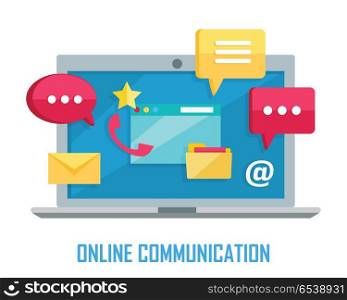 Laptop with Chat Web Conversation Signs Isolated. Online communication. Laptop with chat web conversation signs isolated on white. Interface dialog, talk button, application speech balloon, message, sms, email. App icon flat style design. Vector