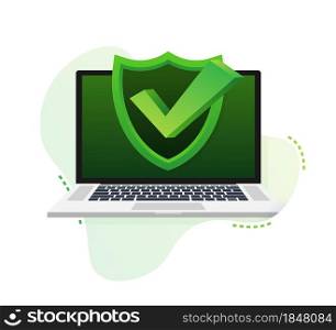 Laptop with checkmark or tick notification in bubble pattern. Approved choice. Accept or approve checkmark. Vector illustration. Laptop with checkmark or tick notification in bubble pattern. Approved choice. Accept or approve checkmark. Vector illustration.