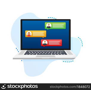 Laptop with customer review rating messages, laptop display and online reviews or client testimonials, concept of experience or feedback. Vector illustration. Laptop with customer review rating messages, laptop display and online reviews or client testimonials, concept of experience or feedback. Vector illustration.