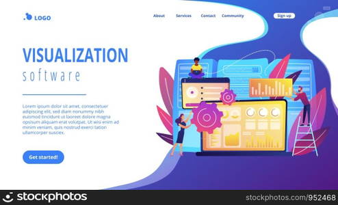 Laptop with data visualization software and developers working. Big data visualization, big data analytics, visualization software concept. Website vibrant violet landing web page template.. Big data visualization concept landing page.