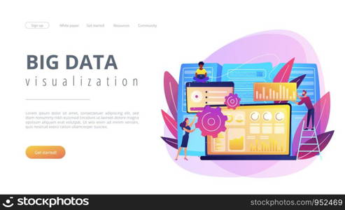 Laptop with data visualization software and developers working. Big data visualization, big data analytics, visualization software concept. Website vibrant violet landing web page template.. Big data visualization concept landing page.