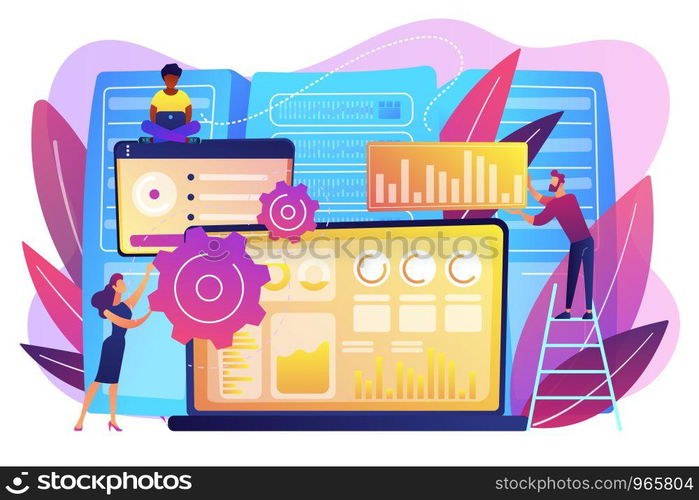 Laptop with data visualization software and developers working. Big data visualization, big data analytics, visualization software concept. Bright vibrant violet vector isolated illustration. Big data visualization concept vector illustration.