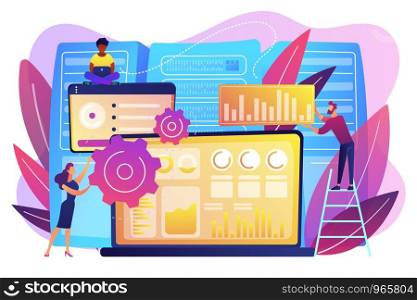 Laptop with data visualization software and developers working. Big data visualization, big data analytics, visualization software concept. Bright vibrant violet vector isolated illustration. Big data visualization concept vector illustration.