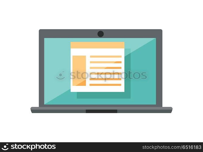 Laptop with Diagram on Screen. Gray laptop with spreadsheet on blue screen. Open laptop flat icon. Laptop with infographics. Concept of online business, commerce, statistics, information. Isolated vector illustration in flat