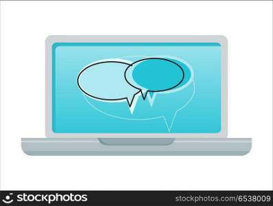 Laptop with Dialog Windows on Screen. Laptop with dialog windows on blue screen. Laptop flat icon. Concept of social media, media content, online communication, internet network, email correspondence. Isolated object on white background