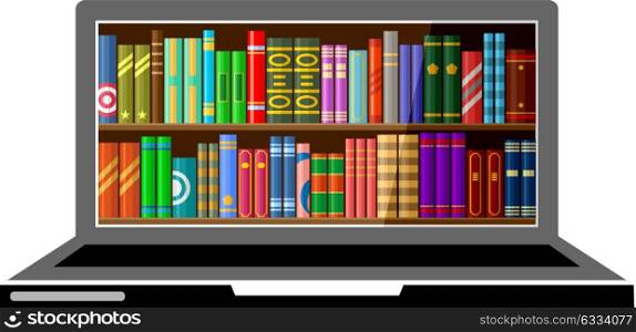 Laptop with digital books, online education concept, library. Vector illustration