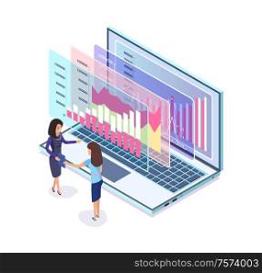 Laptop with digital marketing graphics, businesswomen vector. Charts and flowcharts, online statistical and analytical data in computer, Internet research. Digital Marketing Graphic in Laptop, Businesswomen