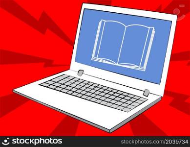Laptop with E-book icon on the screen. Vector cartoon illustration.