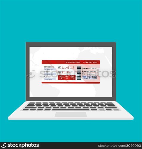 Laptop with electronic boarding pass airline ticket icon isolated on blue background. Passenger plane mobile ticket for web and app. Vector Illustration. Laptop with electronic boarding pass airline ticket icon isolated on blue background. Passenger plane mobile ticket for web and app.