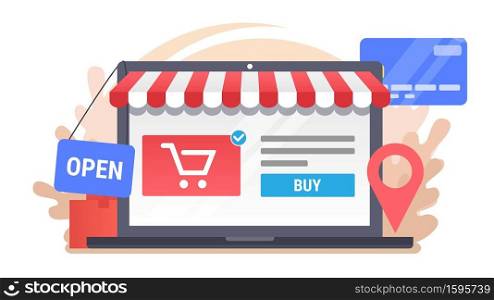 Laptop with electronic commerce icons. Vector online shopping illustration