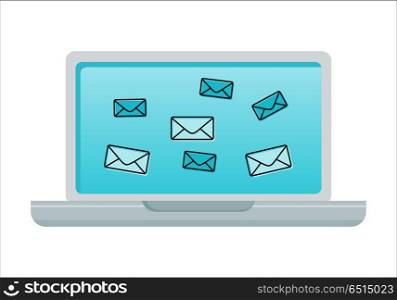 Laptop with Email Icons on Screen. Laptop with email icons on blue screen. Laptop flat icon. Concept of social media, media content, online communication, internet network, email correspondence. Isolated object on white background