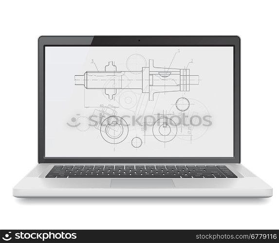 Laptop with engineering blueprint. Illustration for design department and heavy industry. Vector illustration.