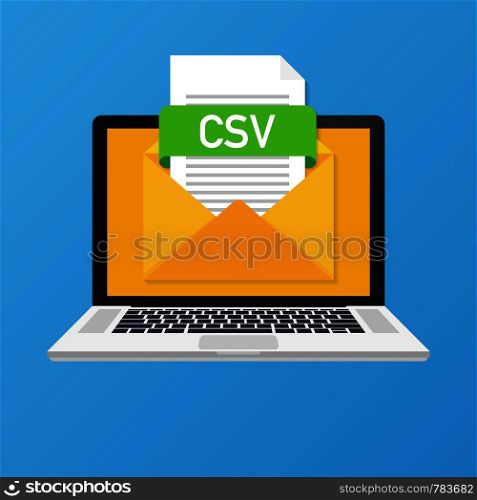 Laptop with envelope and CSV file. Notebook and email with file attachment CSV document. Vector stock illustration.
