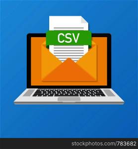 Laptop with envelope and CSV file. Notebook and email with file attachment CSV document. Vector stock illustration.