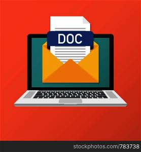 Laptop with envelope and DOC file. Notebook and email with file attachment DOC document. Vector stock illustration.