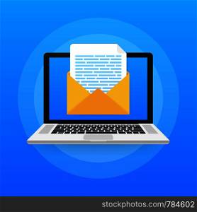 Laptop with envelope and document on screen. Email marketing, internet advertising. Vector illustration.. Laptop with envelope and document on screen. Email marketing, internet advertising. Vector stock illustration.