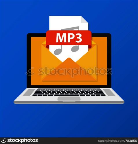Laptop with envelope and MP3 file. Notebook and email with file attachment MP3 document. Vector stock illustration.