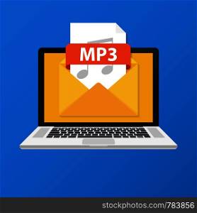 Laptop with envelope and MP3 file. Notebook and email with file attachment MP3 document. Vector stock illustration.