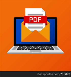Laptop with envelope and PDF file. Notebook and email with file attachment PDF document. Vector stock illustration.