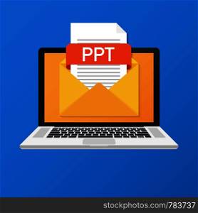 Laptop with envelope and PPT file. Notebook and email with file attachment PPT document. Vector stock illustration.