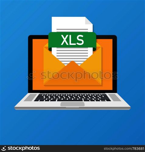 Laptop with envelope and XLS file. Notebook and email with file attachment XLS document. Vector stock illustration.